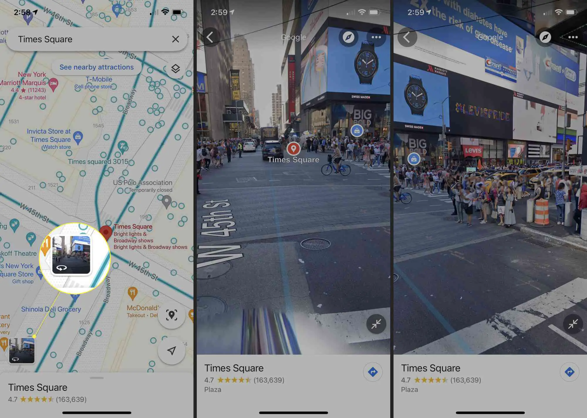 Google Maps com o ícone do Street View destacado e a vista da rua de Nova York mostrada