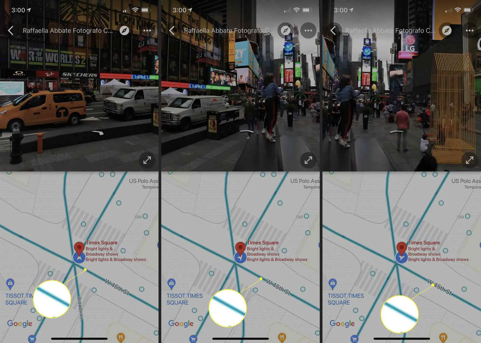Google Maps Street View com linhas azuis destacadas mostrando a vista da rua na metade da tela