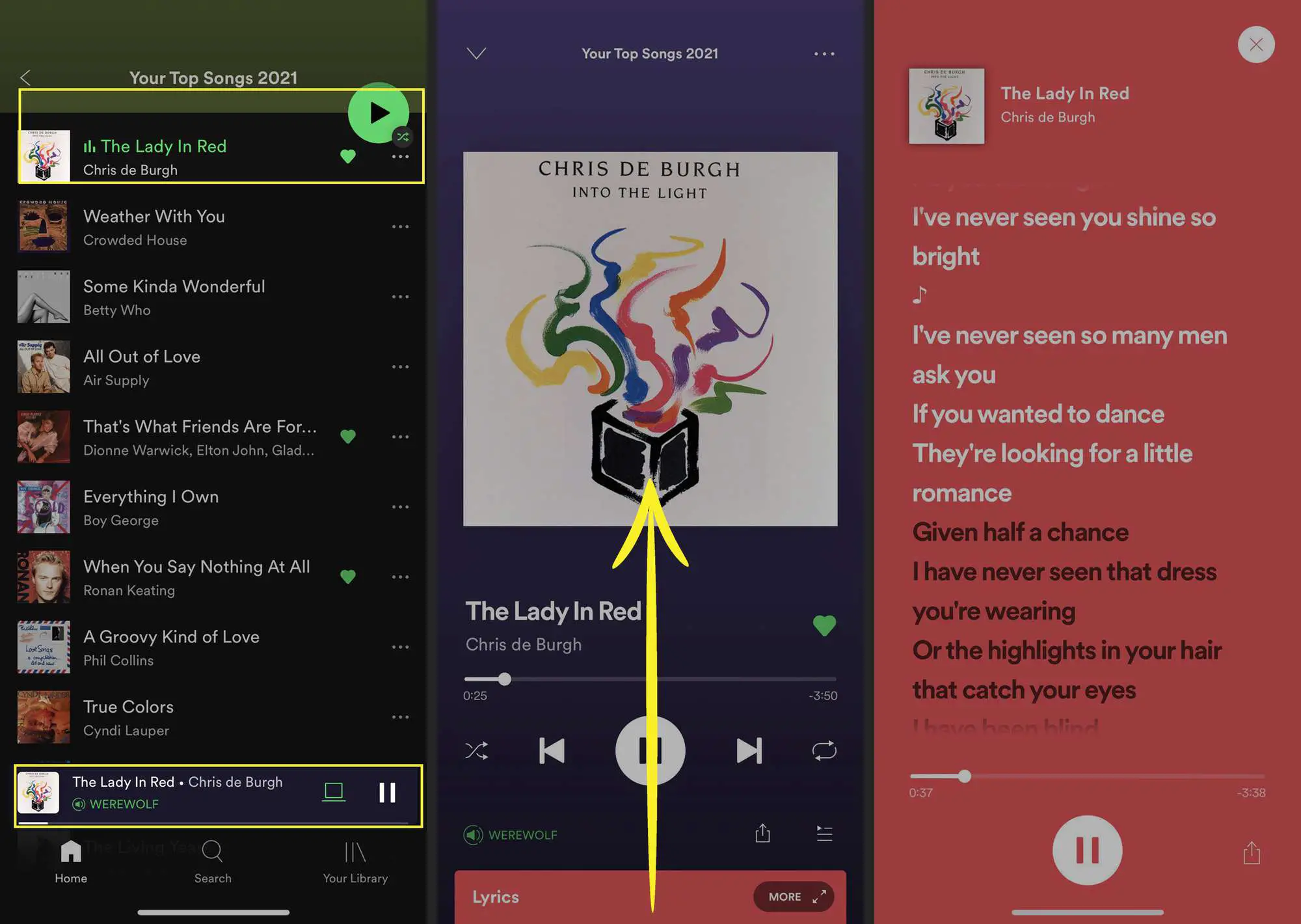 Spotify Lyrics no iOS com música destacada e deslize para cima indicado