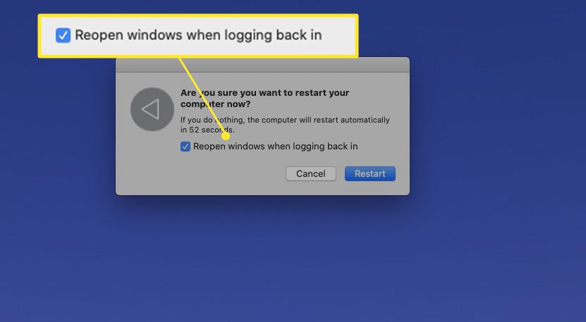 Caixa de diálogo de reinicialização do MacBook com "Reabrir janelas ao fazer login novamente" realçado