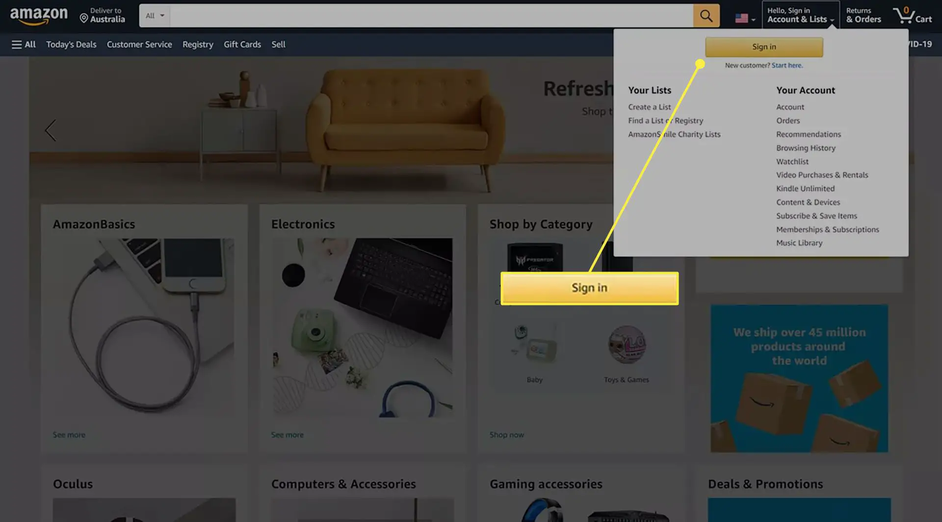 Site da Amazon com o botão de login realçado.