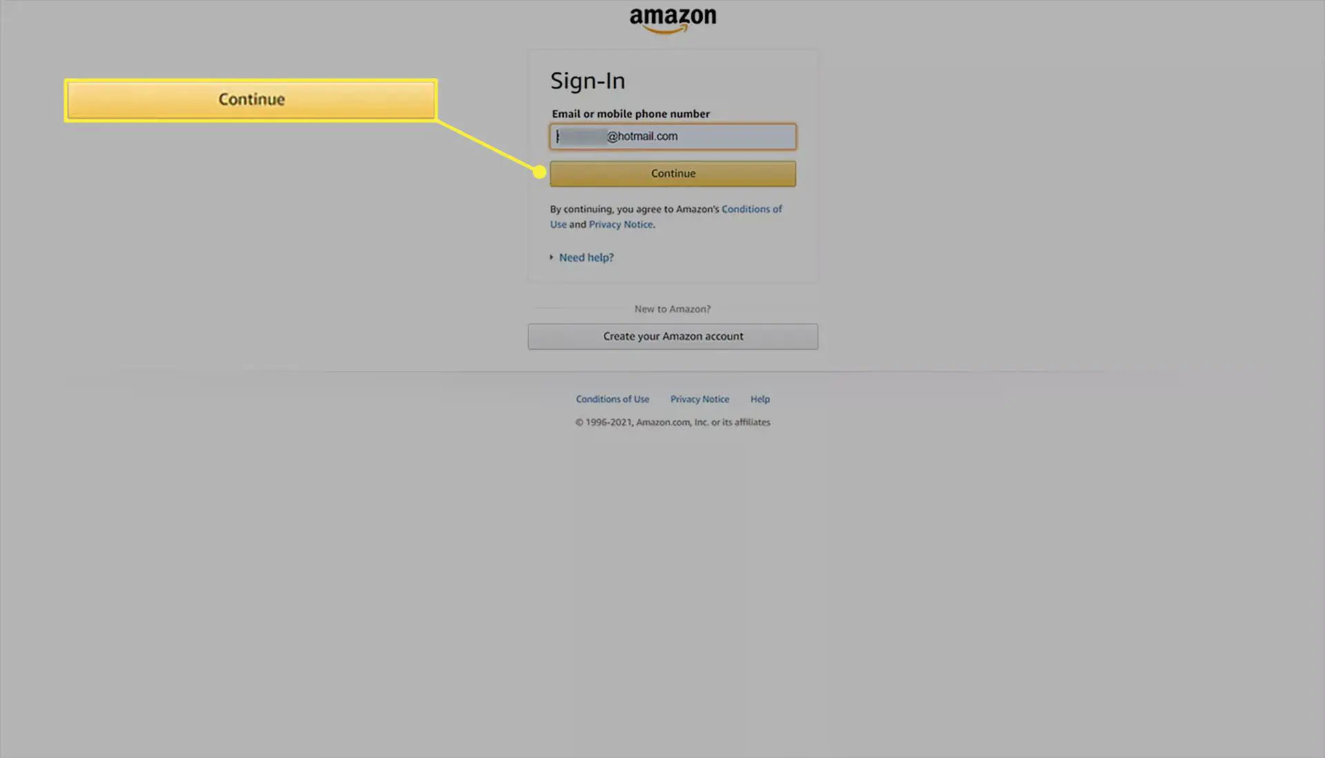 Página de login do site da Amazon com o e-mail inserido.
