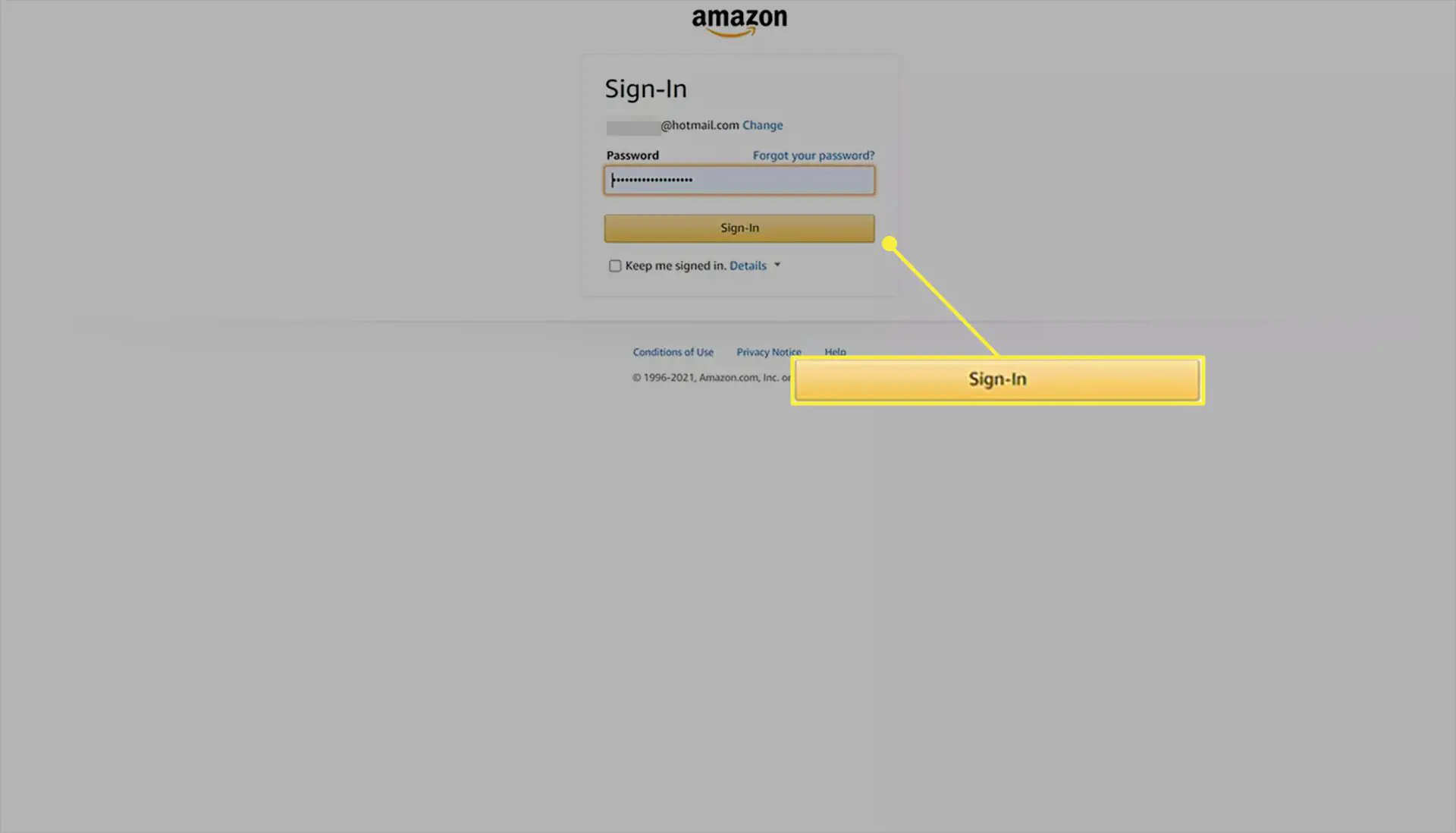 Página de login do site da Amazon com a senha inserida.