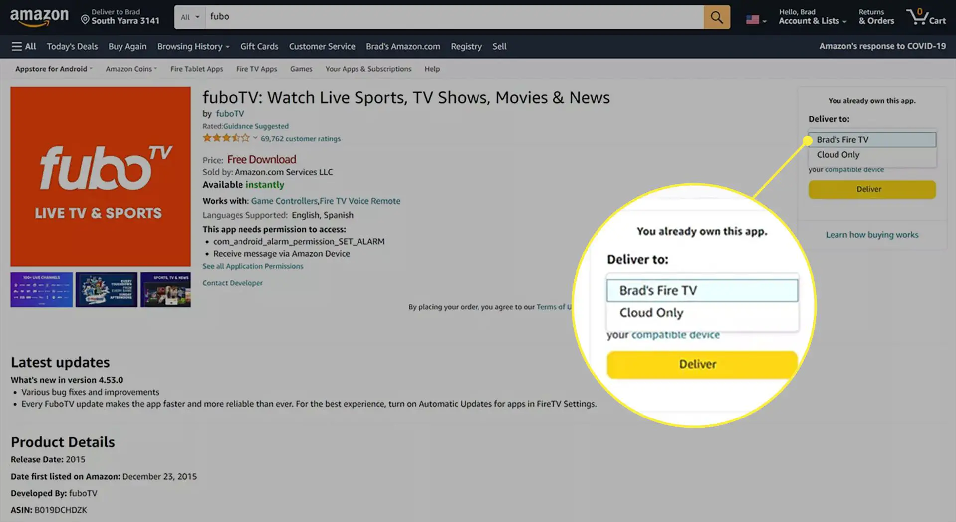 A página do aplicativo fuboTV no site da Amazon com o menu do dispositivo selecionado.