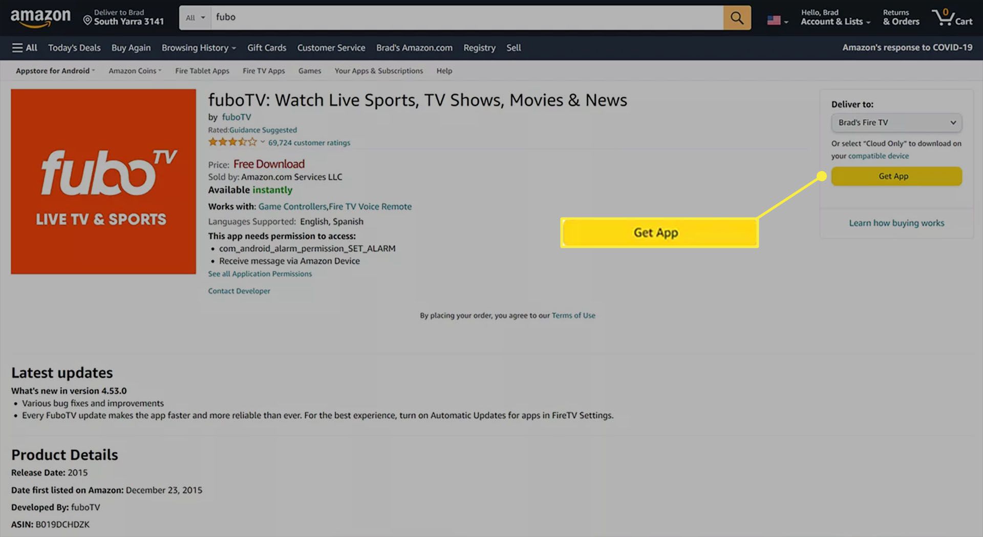 A página do aplicativo fuboTV no site da Amazon com o botão Obter aplicativo destacado.