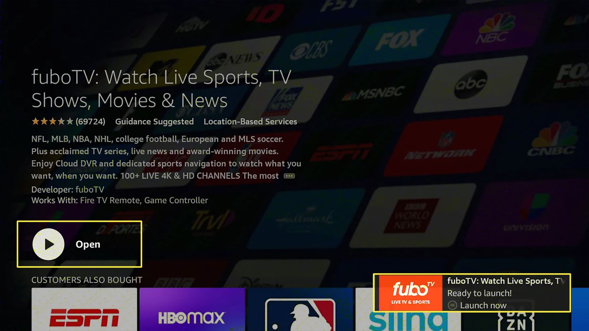 A tela do aplicativo fuboTV no Amazon Fire Stick com o botão Abrir e a notificação em destaque.