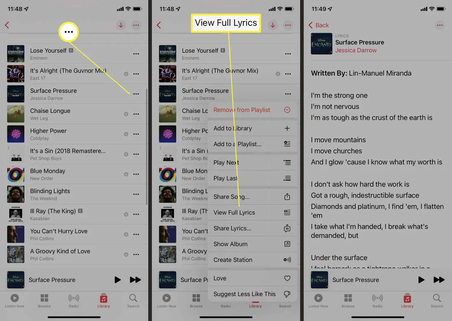 Etapas necessárias para visualizar as letras completas no aplicativo Apple Music.
