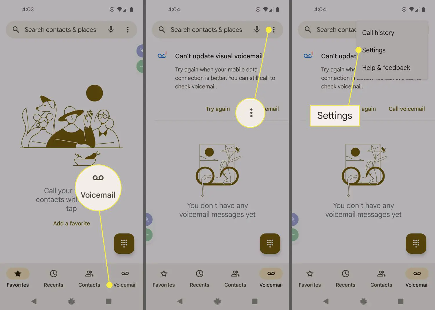 Telefone Android com ícone de correio de voz, menu de três pontos e opções de configuração destacadas