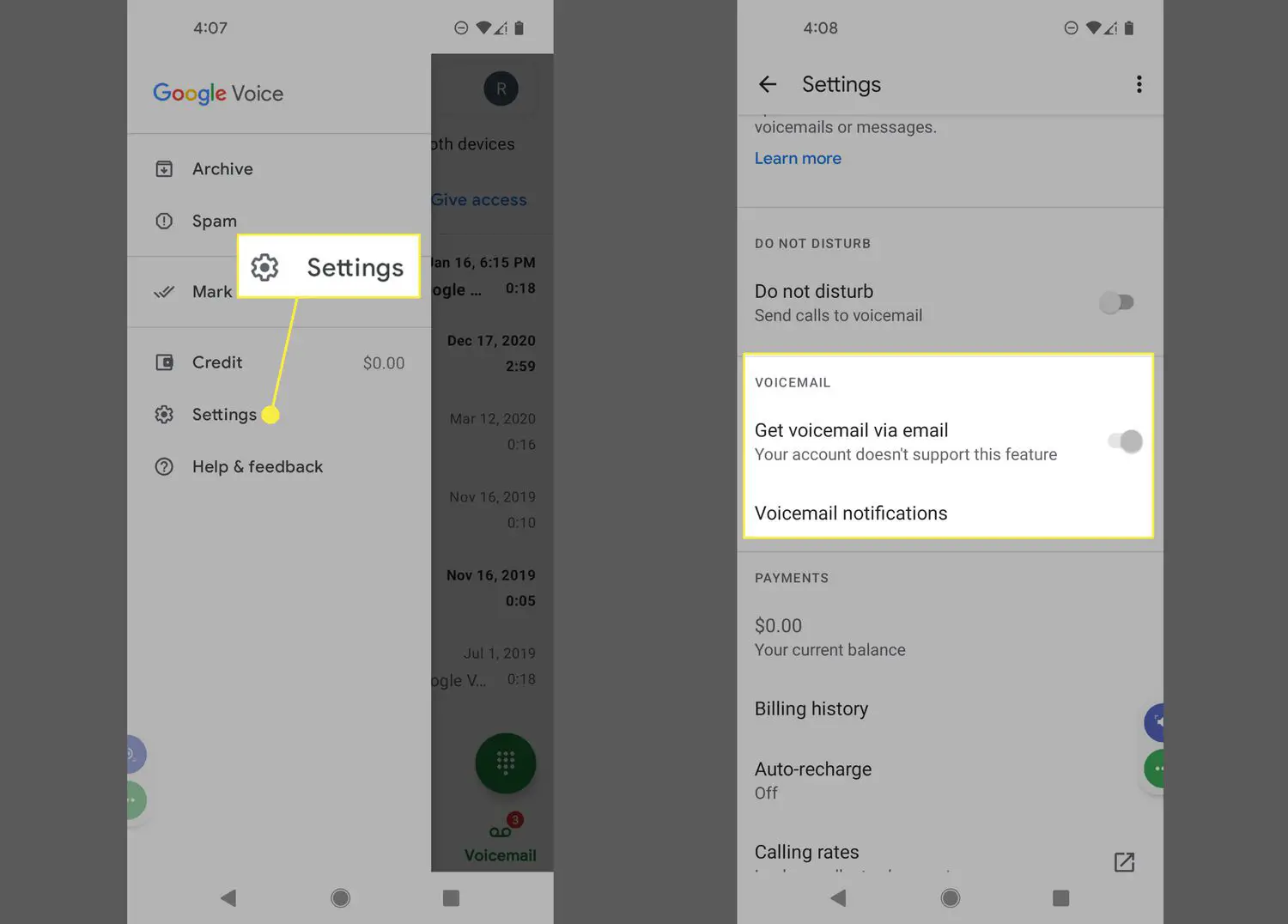 Configurações e opções de correio de voz destacadas no aplicativo Google Voice