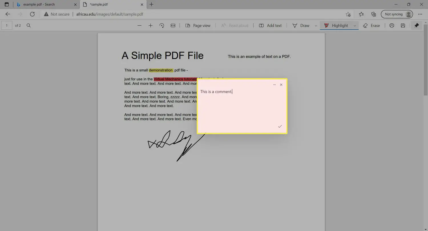 Uma anotação em um PDF no Microsoft Edge