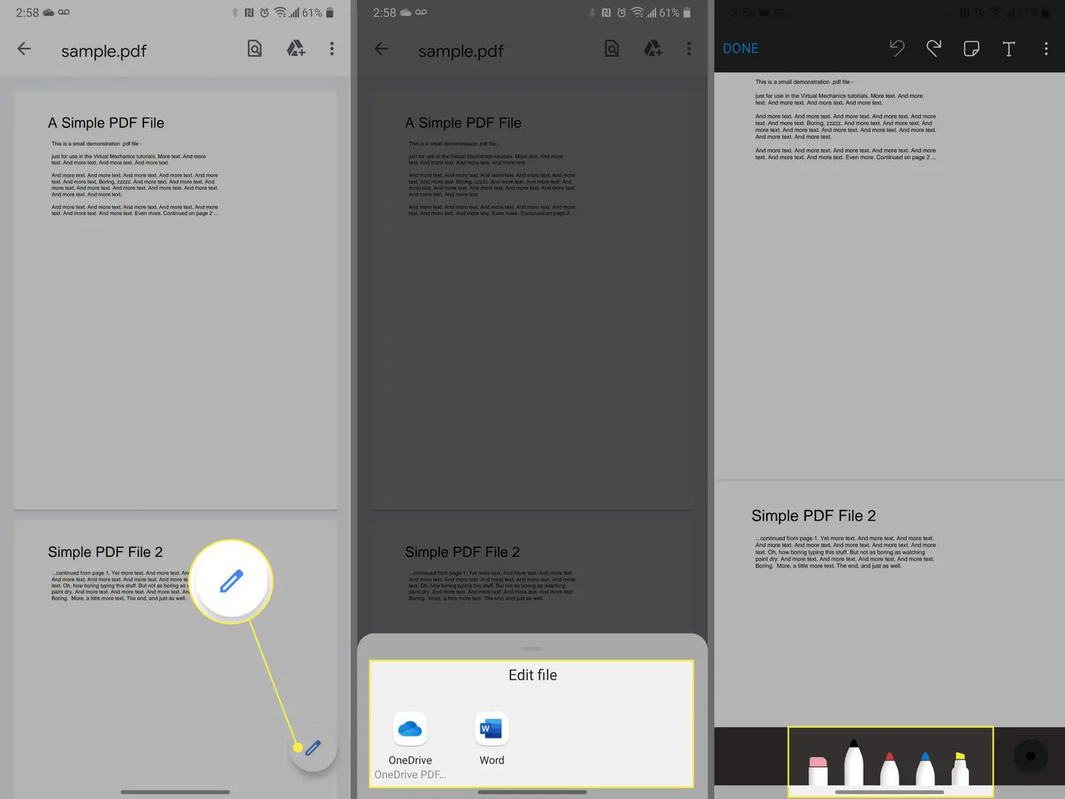Caneta de edição, menu de edição e menu de anotações do OneDrive no Android