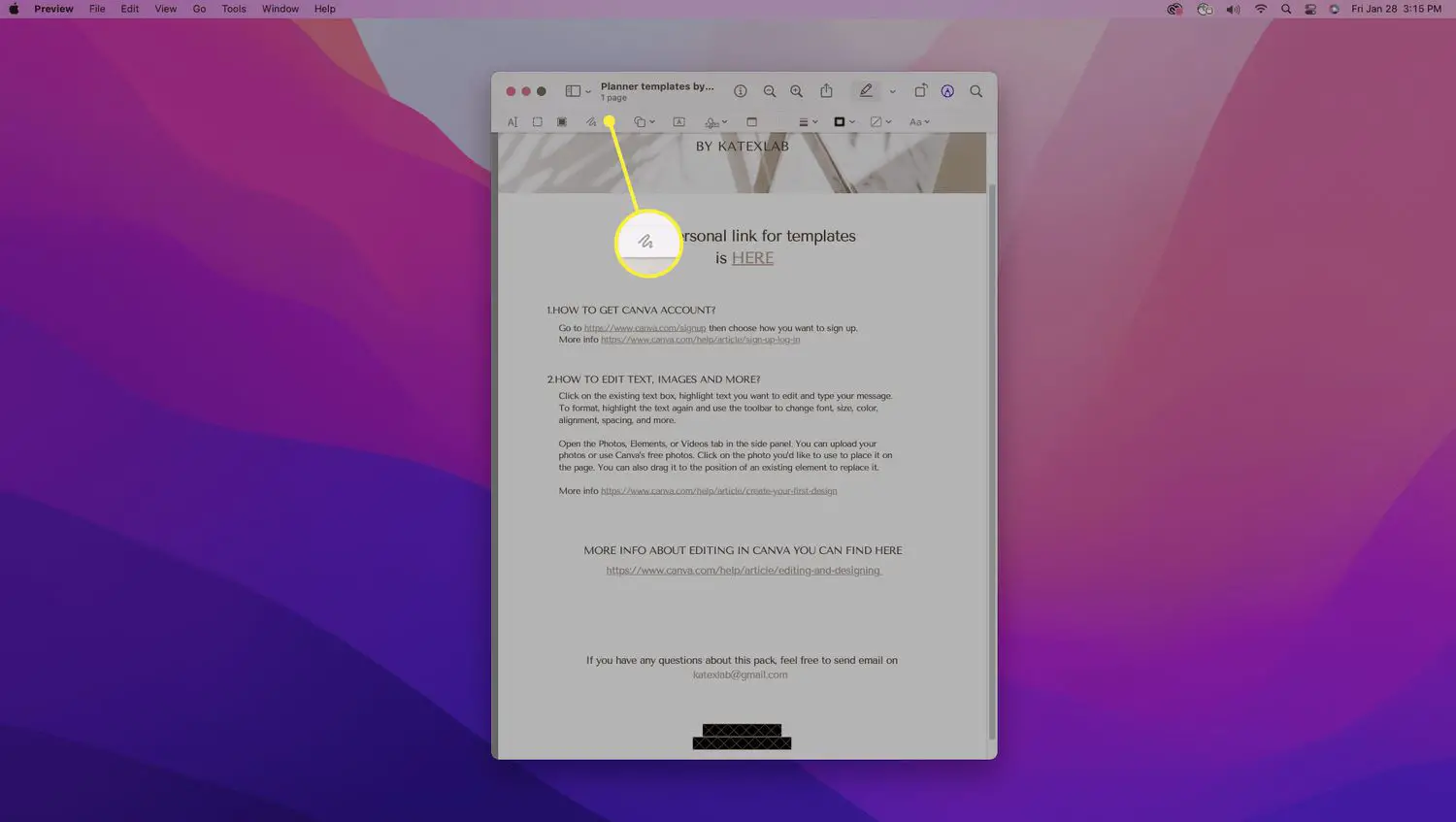 Ferramenta de esboço em um PDF na barra de ferramentas de marcação de visualização em um Mac