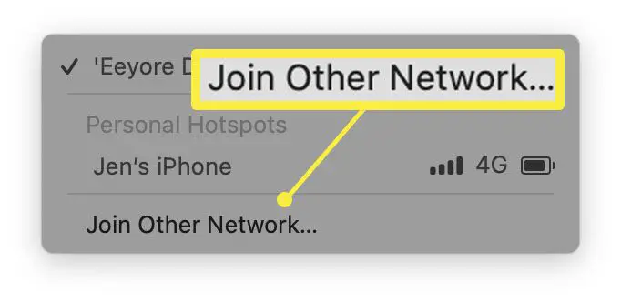 Configurações de rede MacOS com Join Other Network realçado.