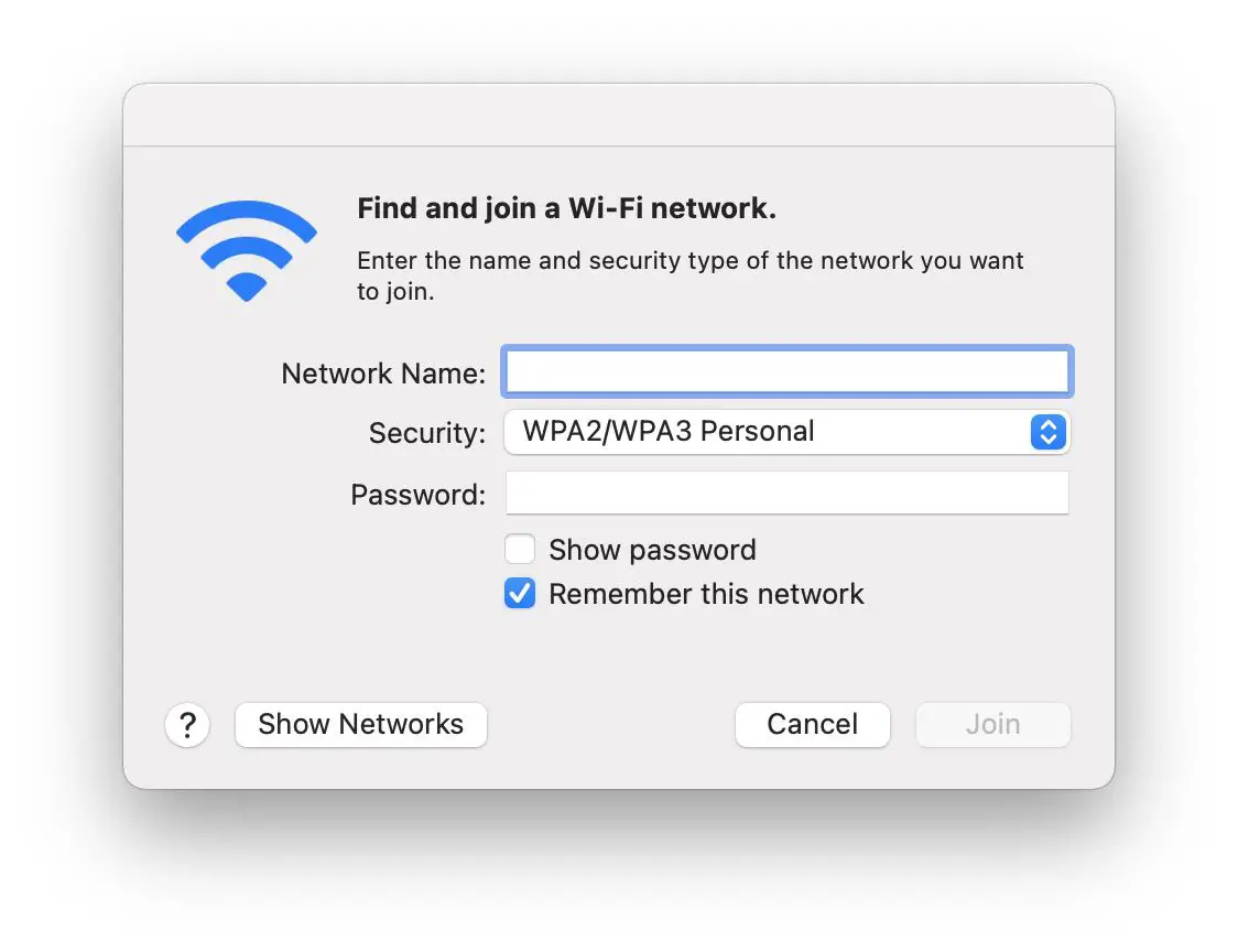MacOS Junte-se a uma caixa de diálogo de rede Wi-Fi.
