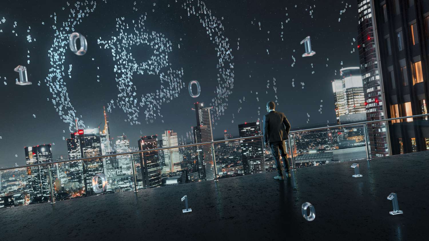 pessoa de pé no telhado olhando para sinal de bitcoin construído de código binário