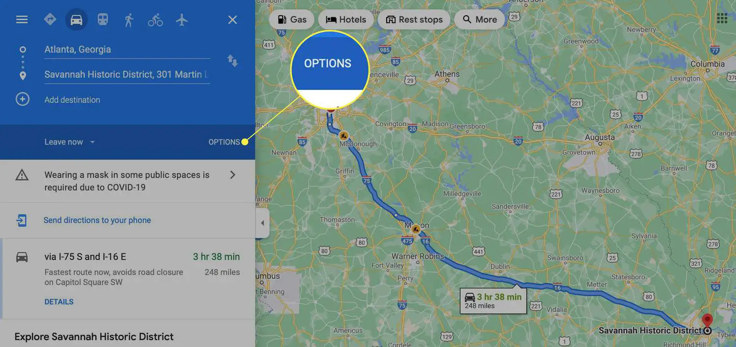 Caixa de destino do Google Maps com opções realçadas