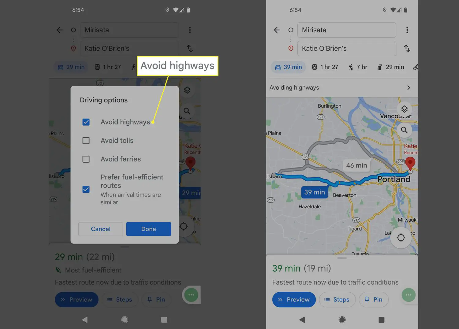 Evite rodovias e nova rota no aplicativo Google Maps