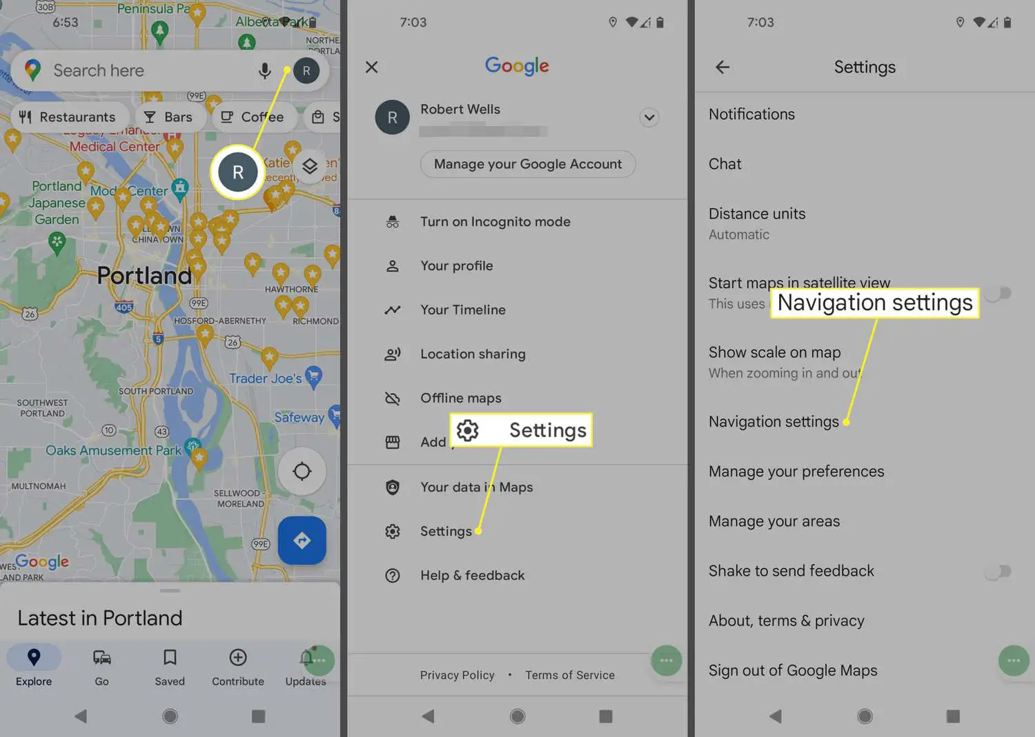 Ícone de perfil, configurações e configurações de navegação no aplicativo Google Maps