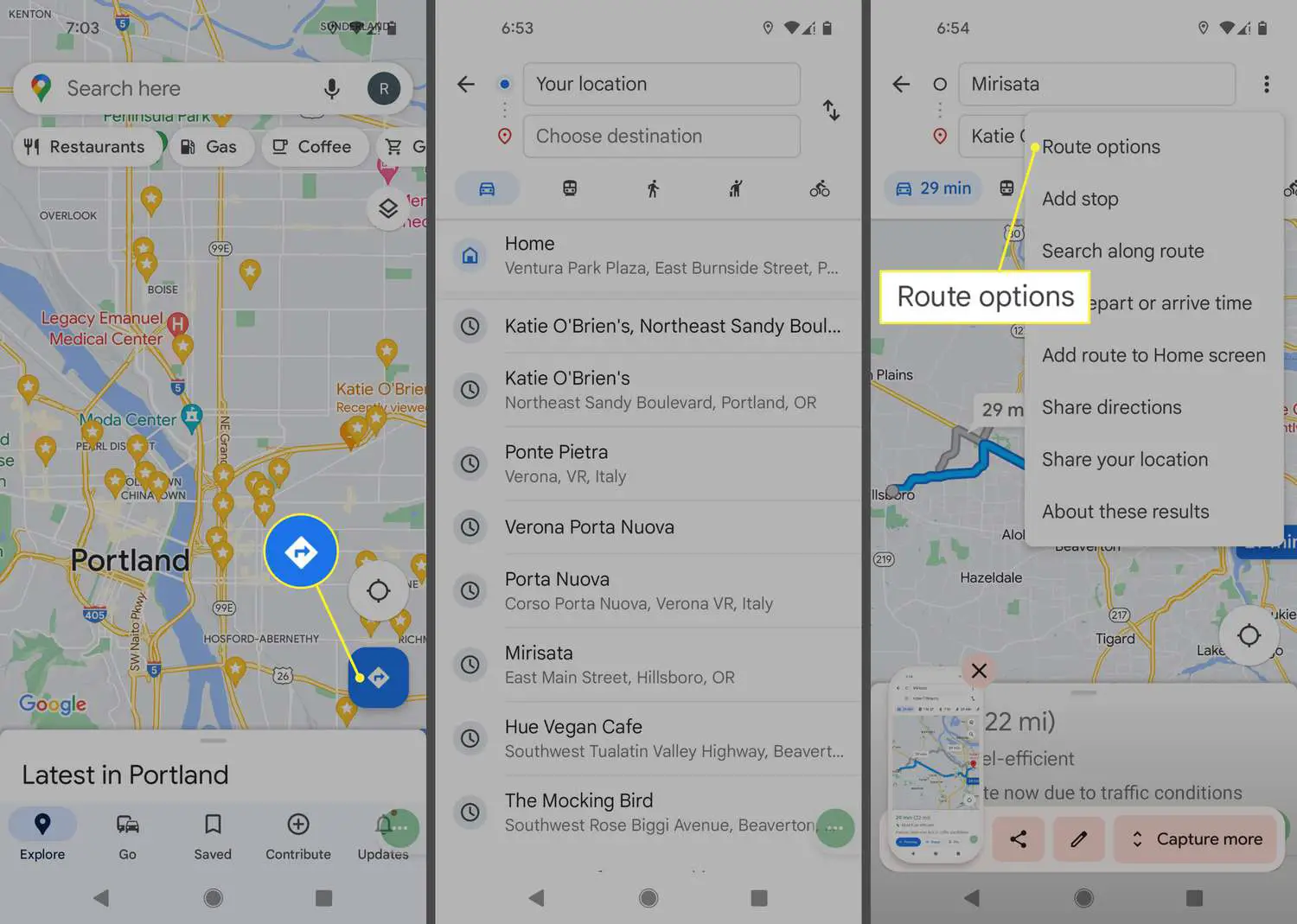 Ícone de rotas e opções de rota no aplicativo Google Maps