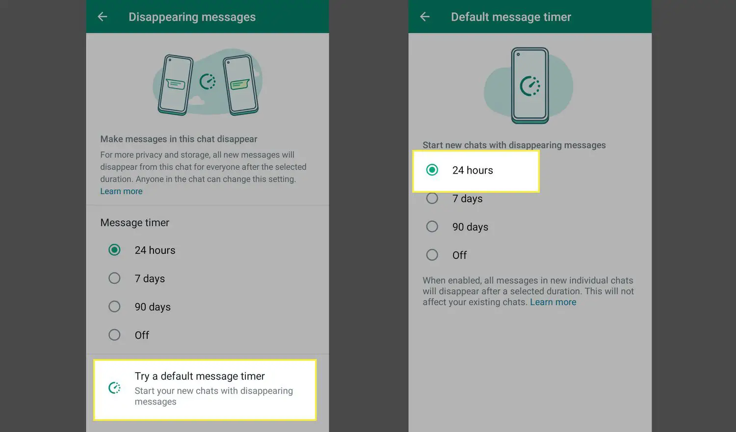 Experimente um cronômetro de mensagem padrão e 24 horas destacadas nas configurações de mensagens desaparecidas do WhatsApp