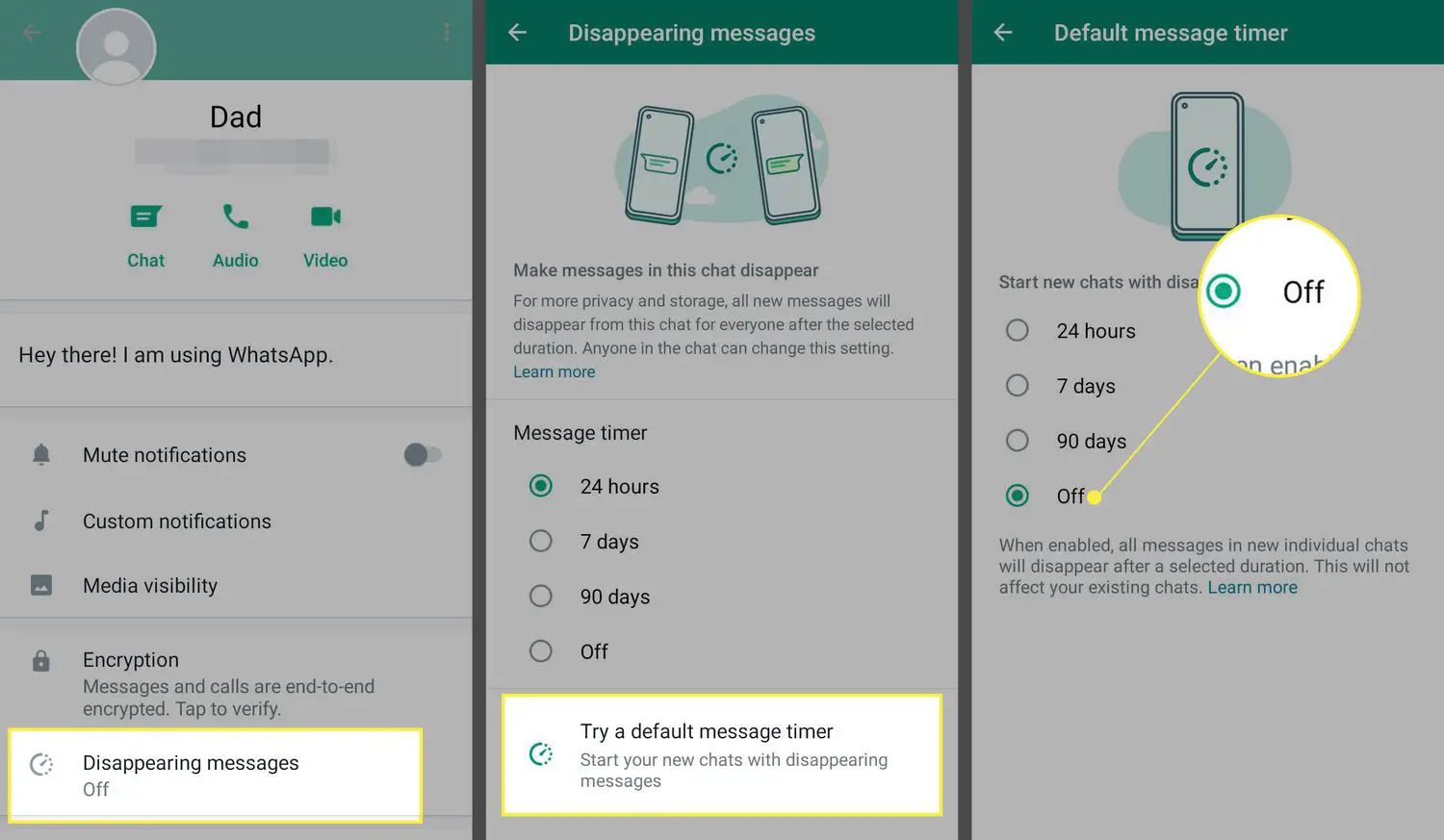 Mensagens desaparecidas e desligadas destacadas no WhatsApp