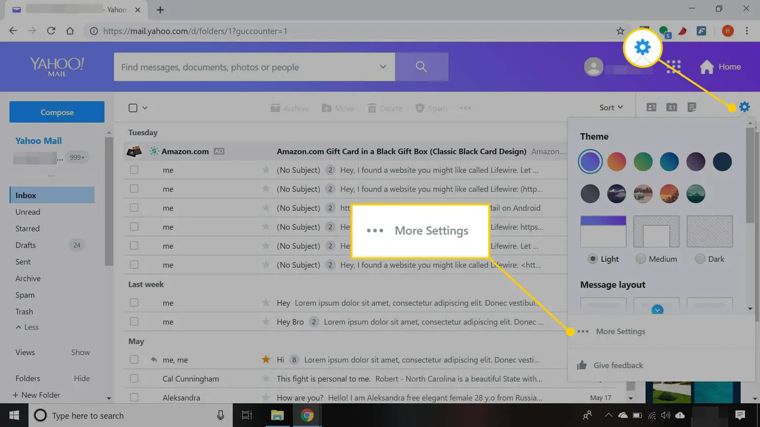 Uma caixa de entrada no Yahoo Mail com os botões Configurações e Mais configurações realçados