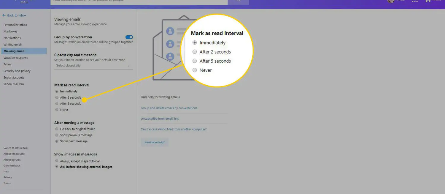 Configurações do Yahoo Mail com as opções Marcar como intervalo de leitura realçadas