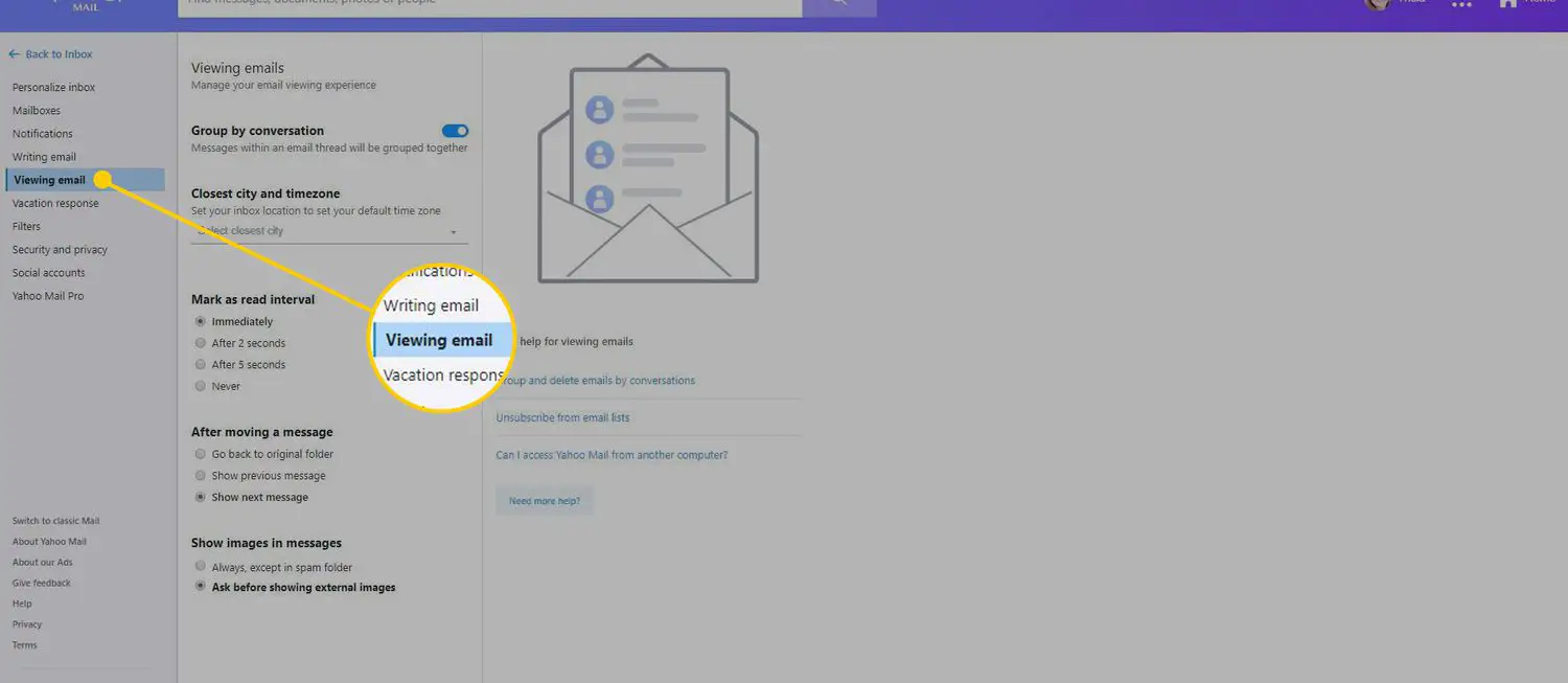 Configurações do Yahoo Mail com o cabeçalho Visualizando e-mail realçado