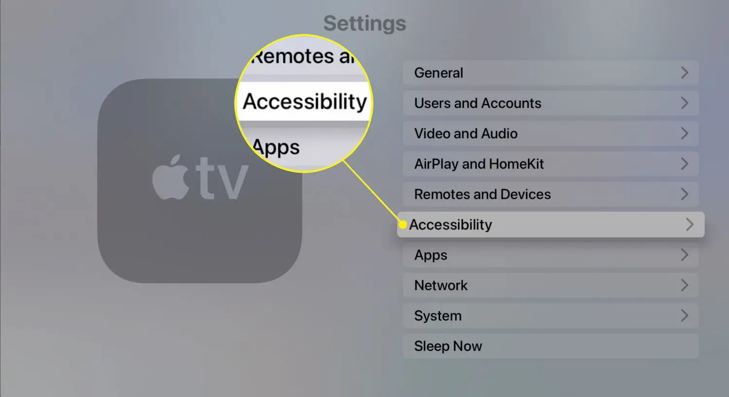 A configuração Acessibilidade na Apple TV