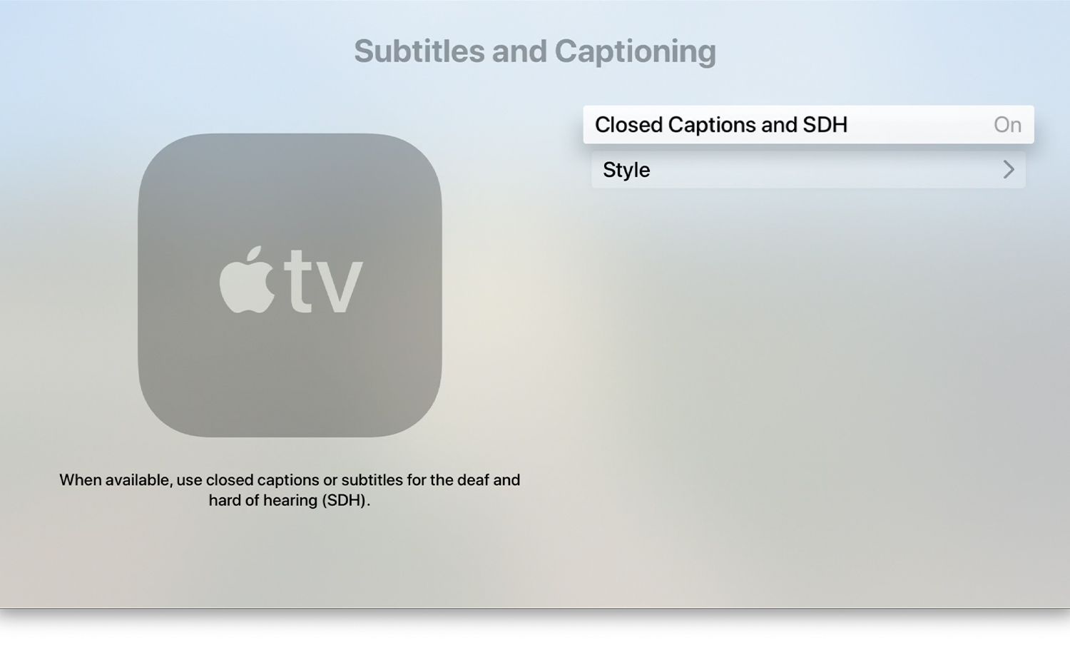 Configurações da Apple TV para legendas e legendagem