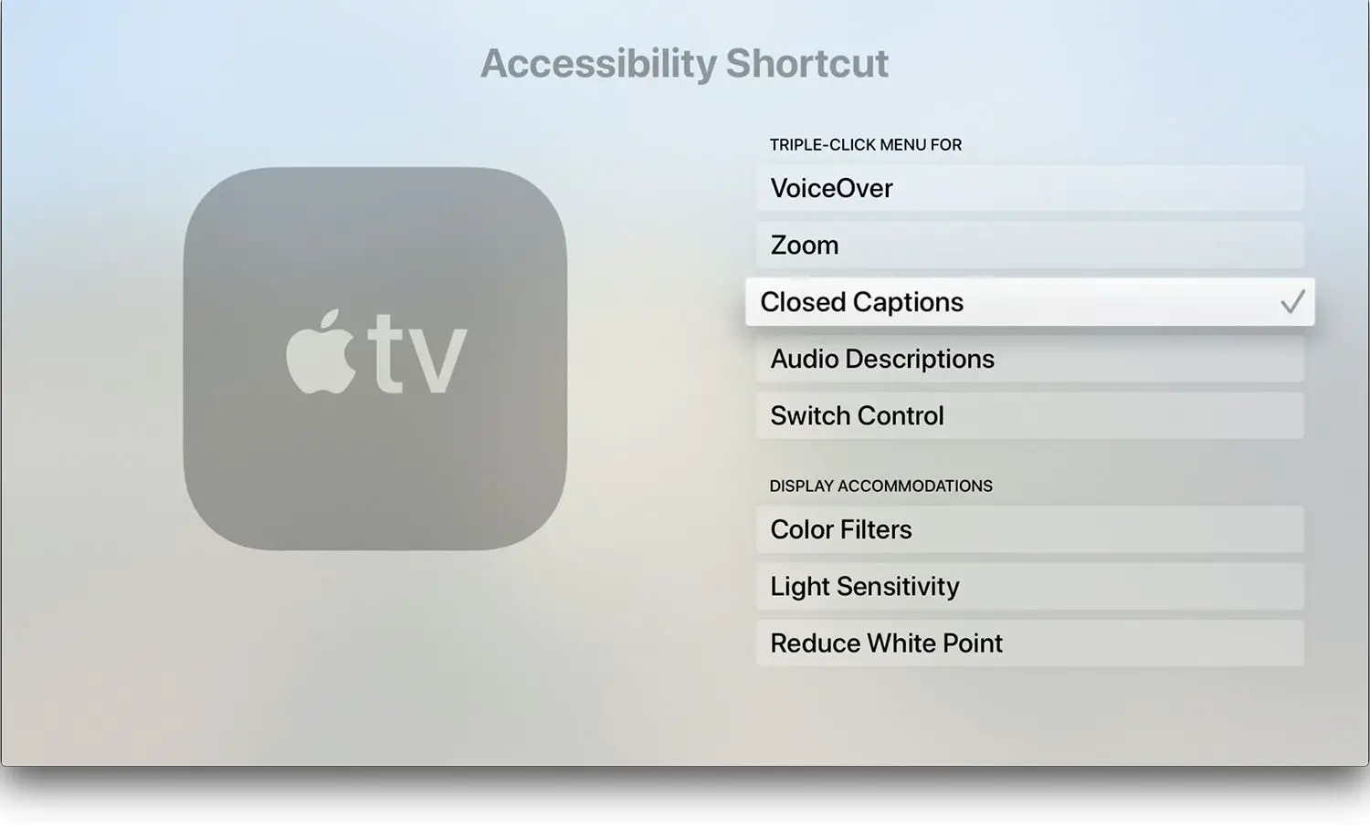 Atalho de Acessibilidade na Apple TV
