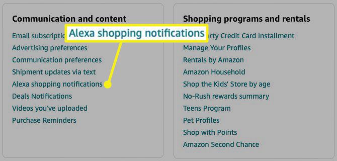 Notificações de compras Alexa na Amazon