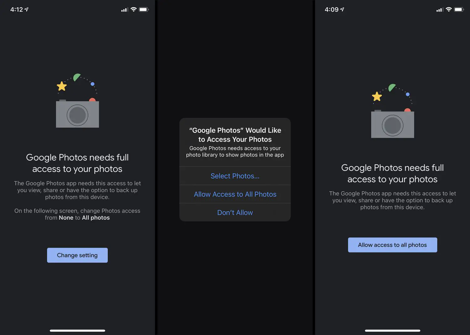 Aplicativo Google Fotos e opções de acesso ao iPhone.