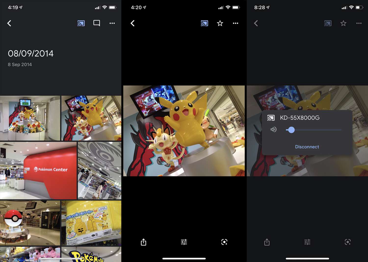 Aplicativo Google Fotos com opção de desconexão do Chromecast sendo exibida.