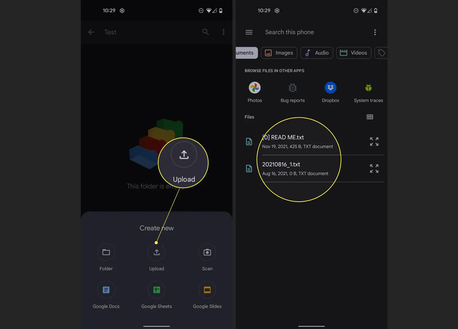 Aplicativo Google Drive no Android com Upload e arquivos realçados