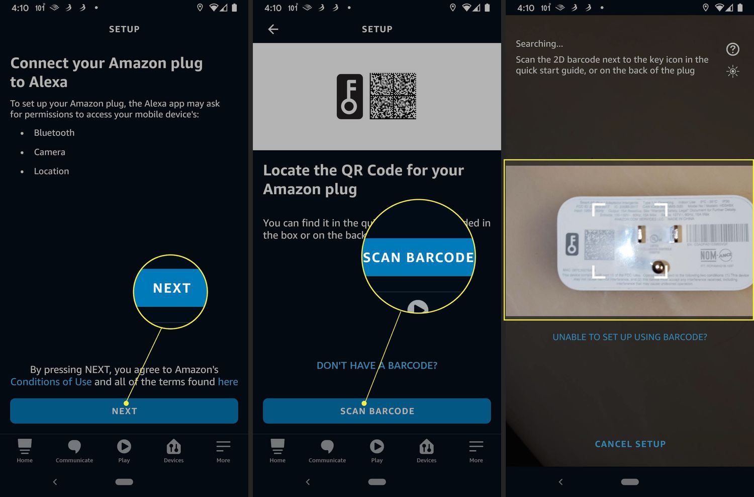 Aplicativo Alexa com Next, Scan Barcode e Scanning an Amazon Smart Plug Barcode realçados
