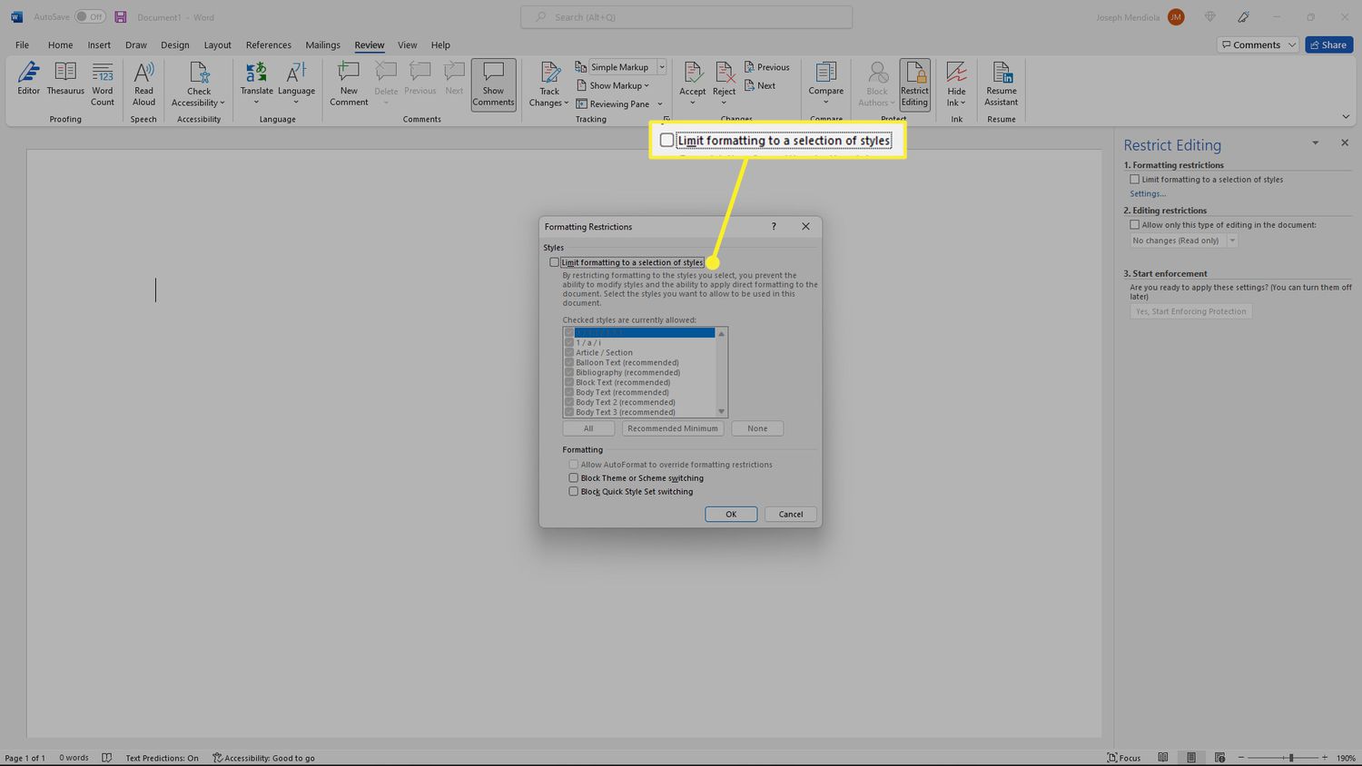 Limitar a formatação a uma caixa de seleção de estilos no Microsoft Word