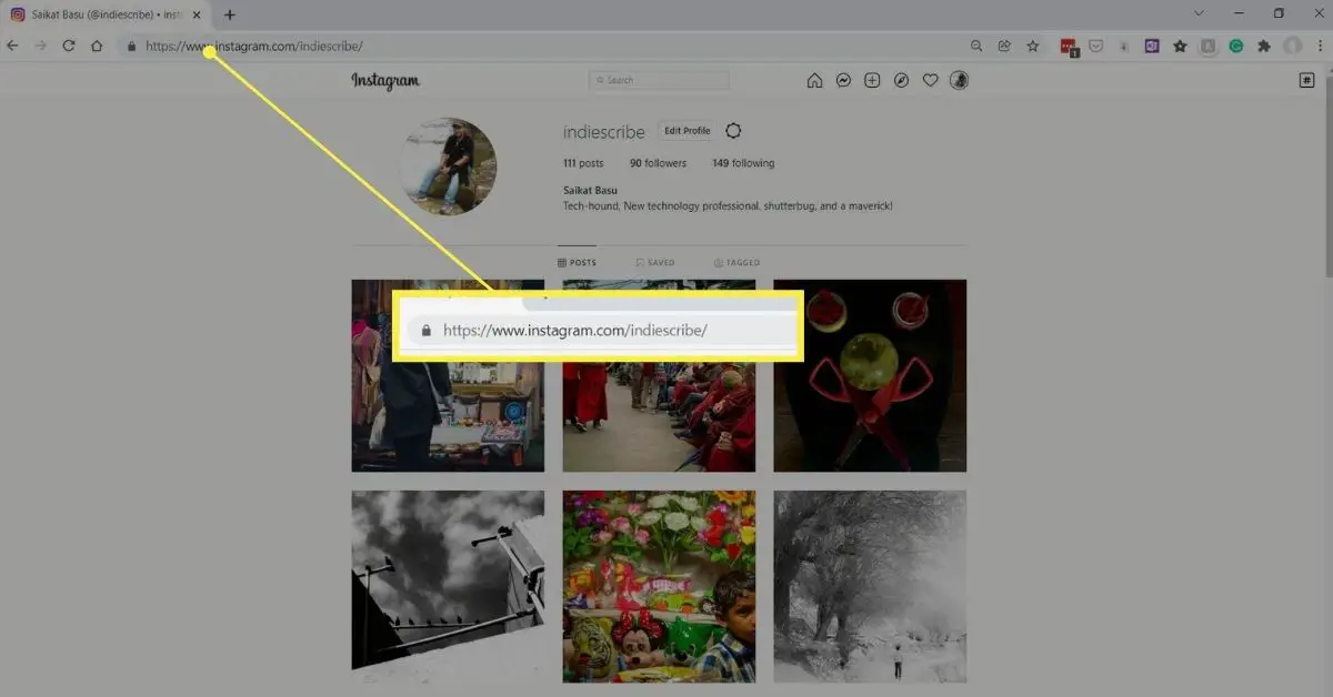 Página de perfil do Instagram com link de perfil na barra de endereços do navegador