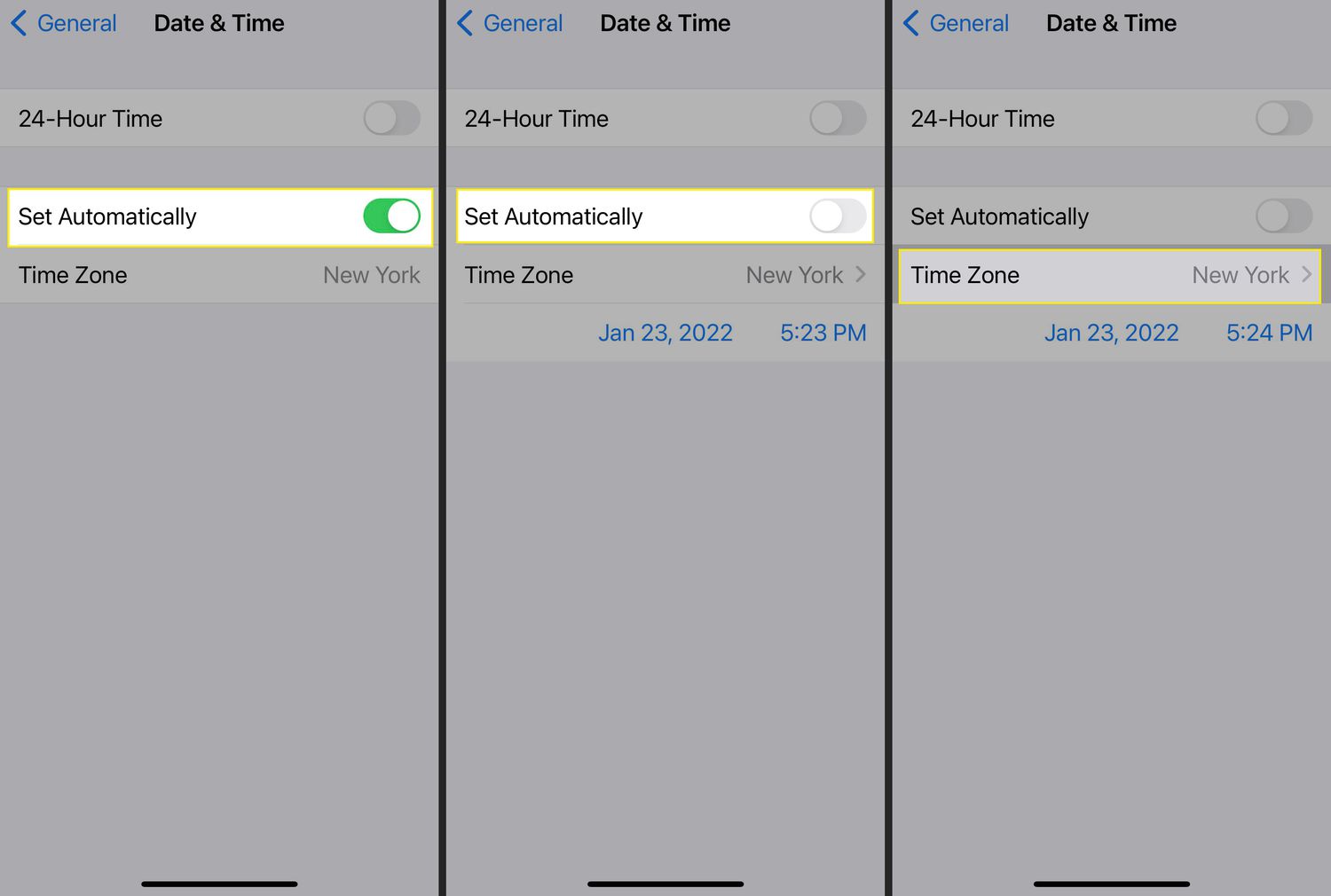 Configurações de data e hora do iPhone com Definir automaticamente e Fuso horário realçado