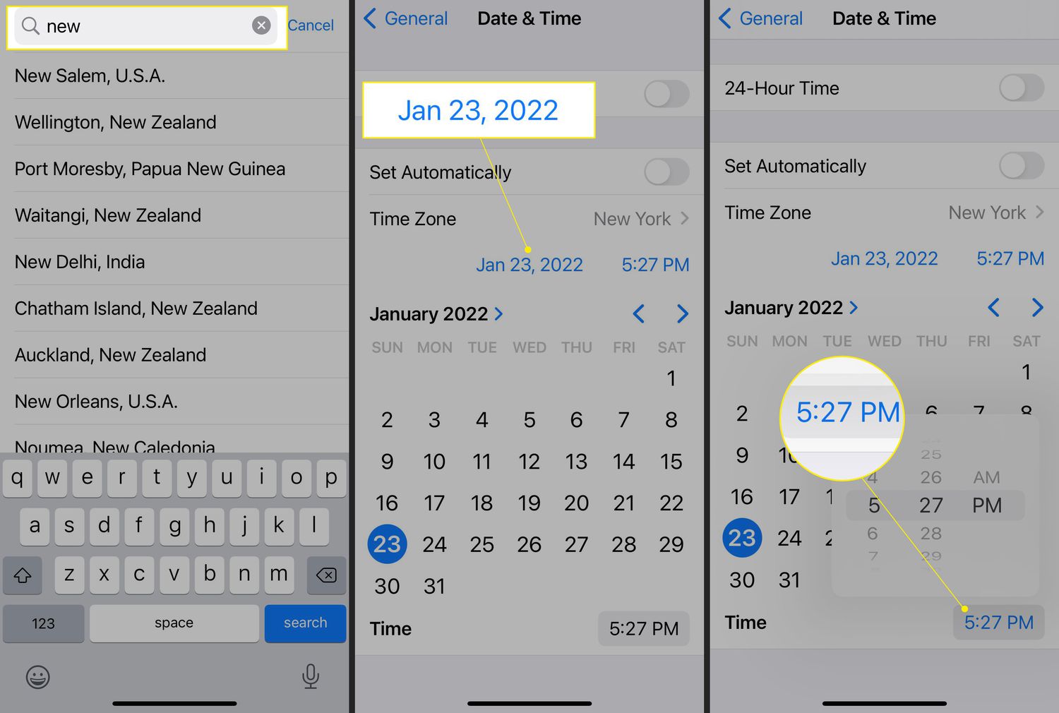 Configurações de data e hora do iPhone com função de pesquisa, data e hora realçadas