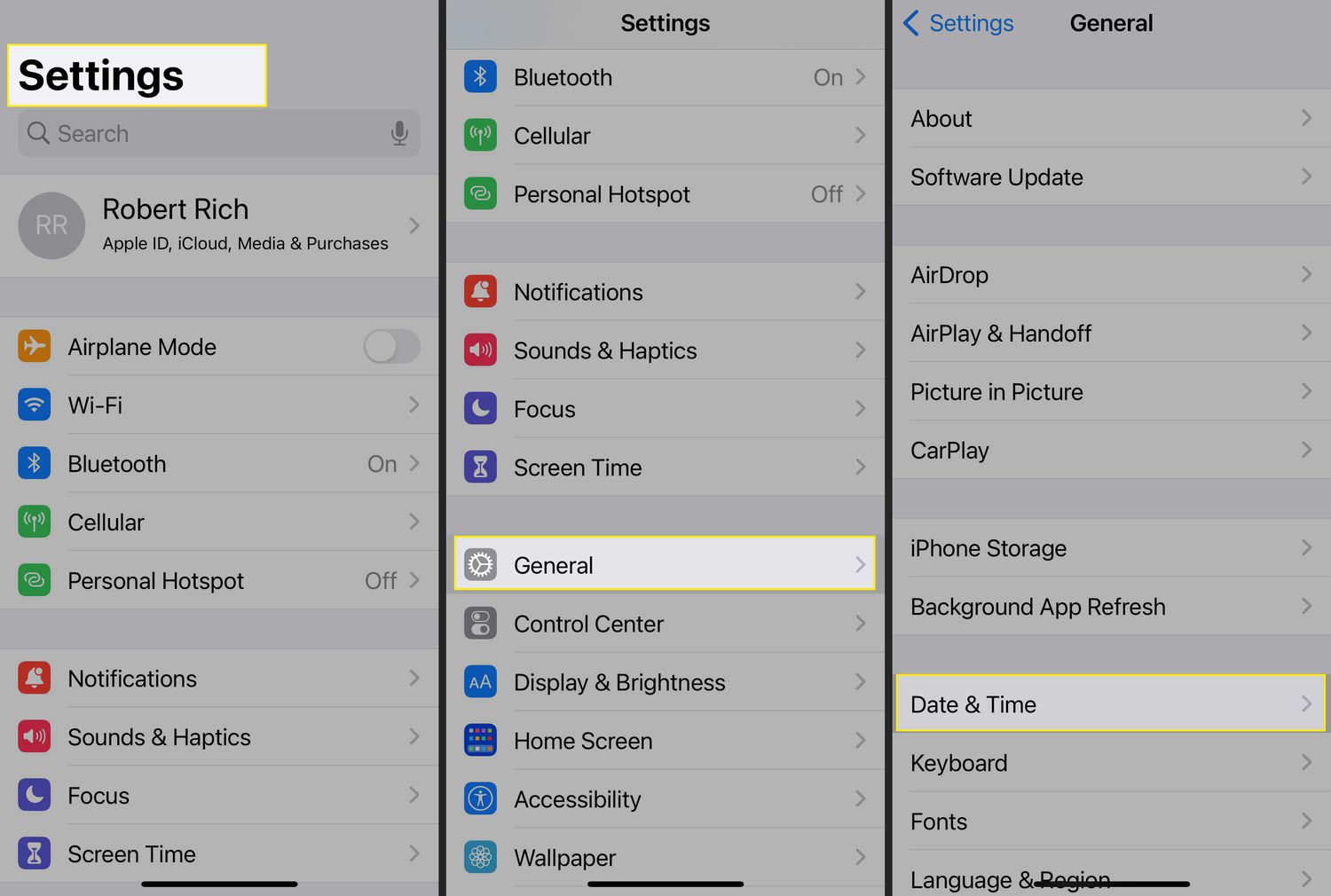 Configurações do iPhone com Geral e Data e Hora realçados