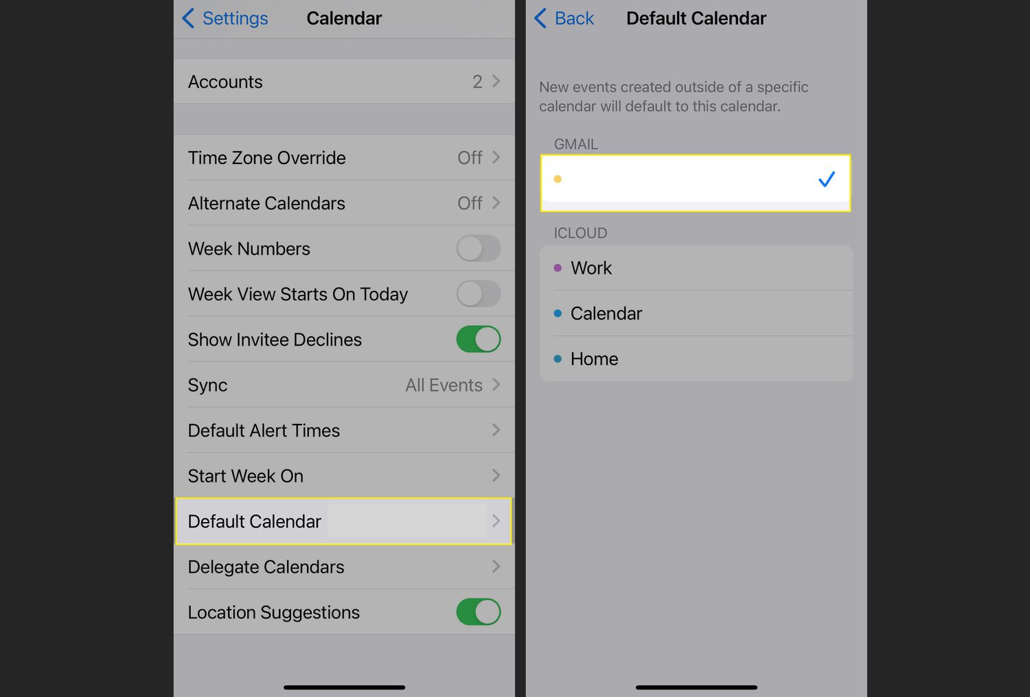 Configurações do calendário do iPhone com calendário padrão e definir novo calendário realçado