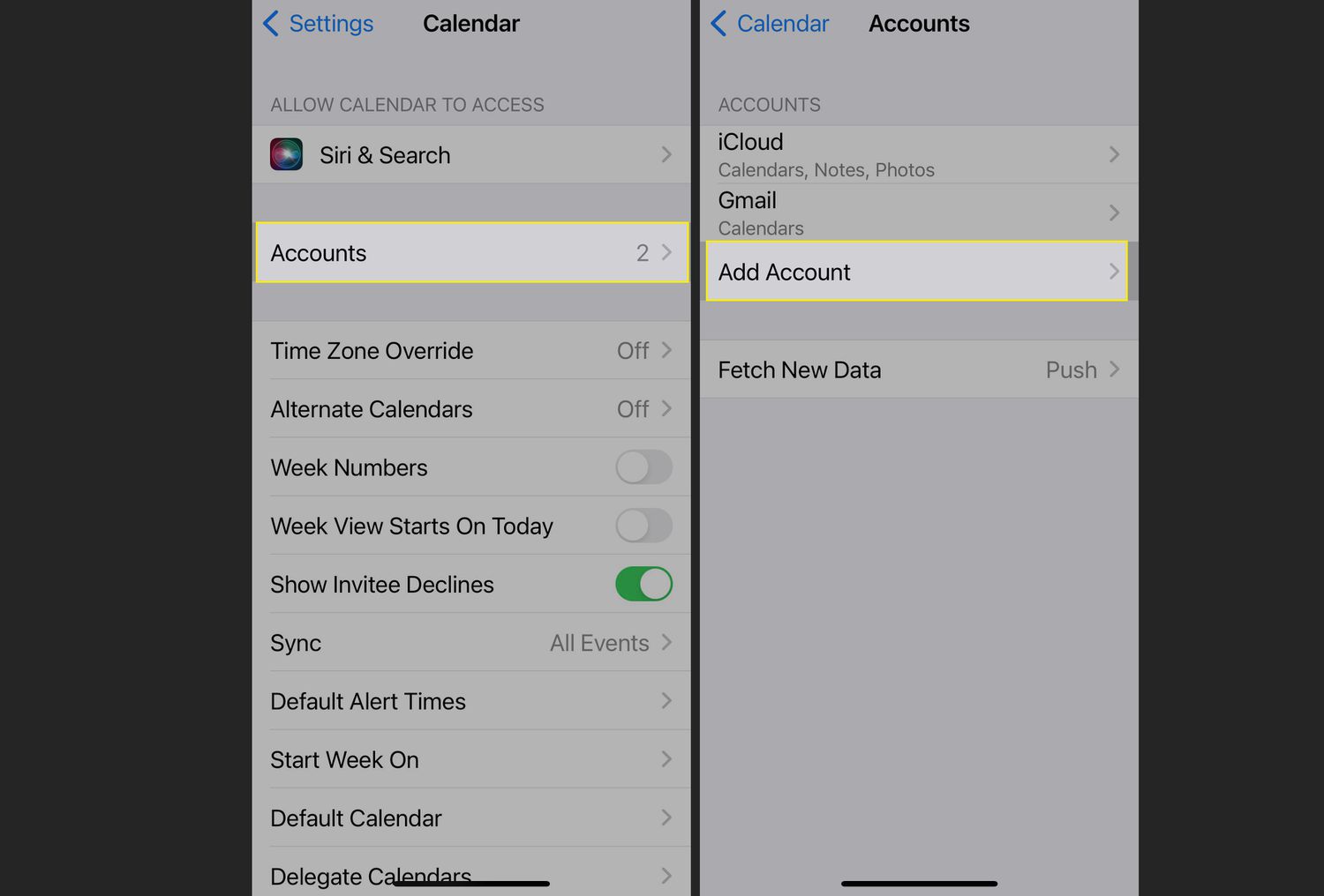 Configurações do Calendário do iPhone com Contas e Adicionar Conta realçadas