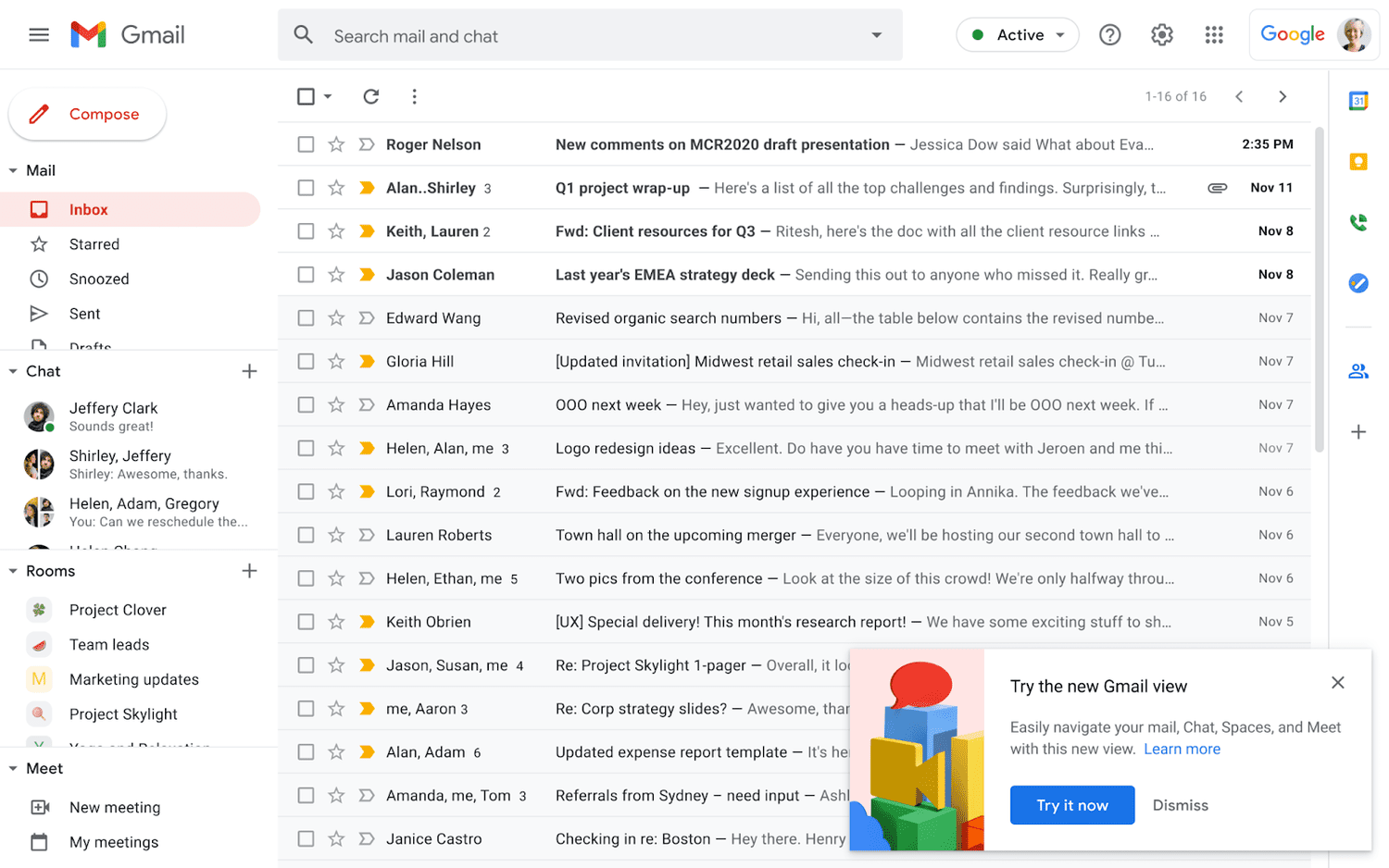 Outra visão do novo layout do Gmail