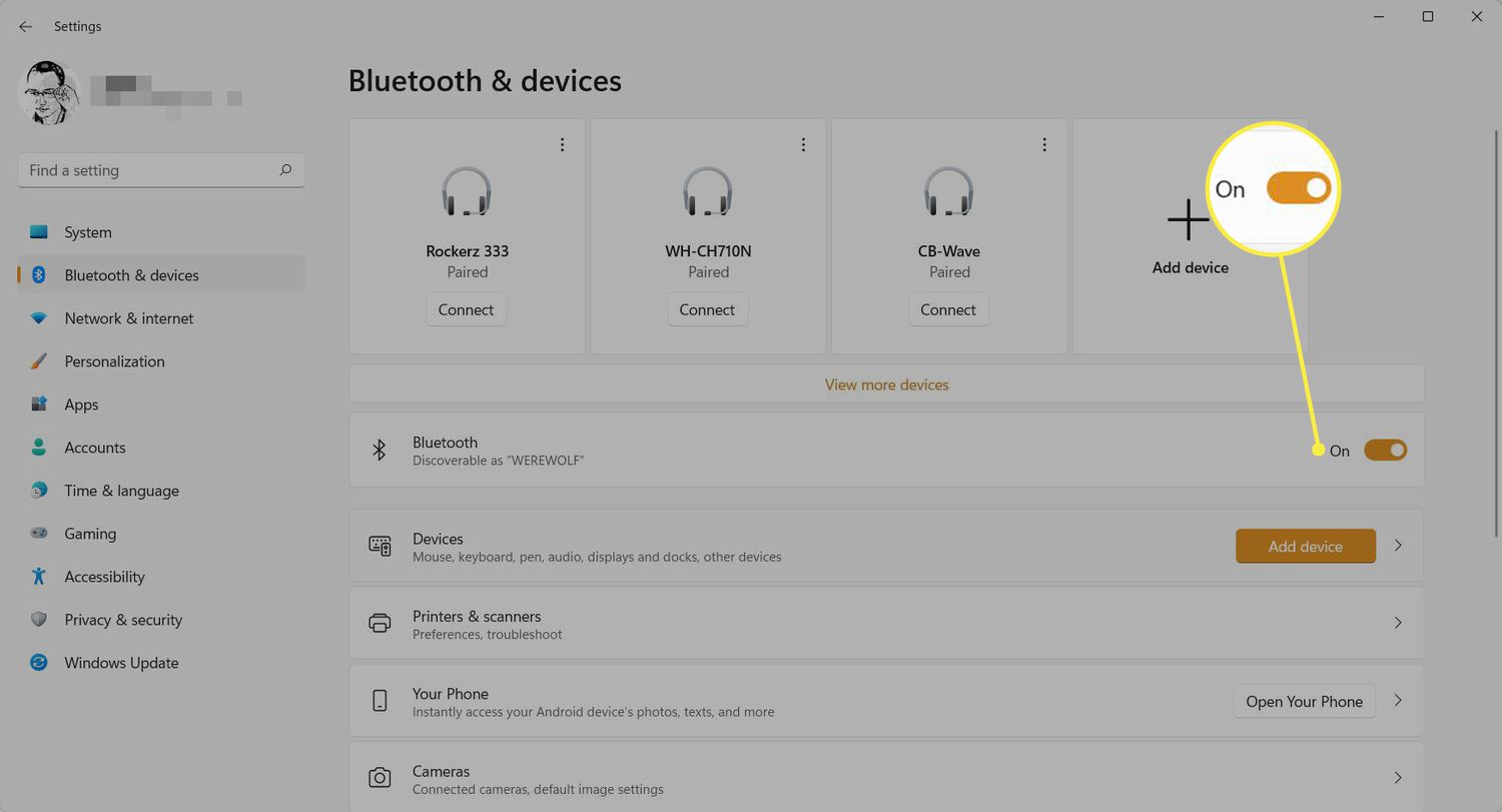 On Switch nas configurações de Bluetooth e dispositivos no Windows 11