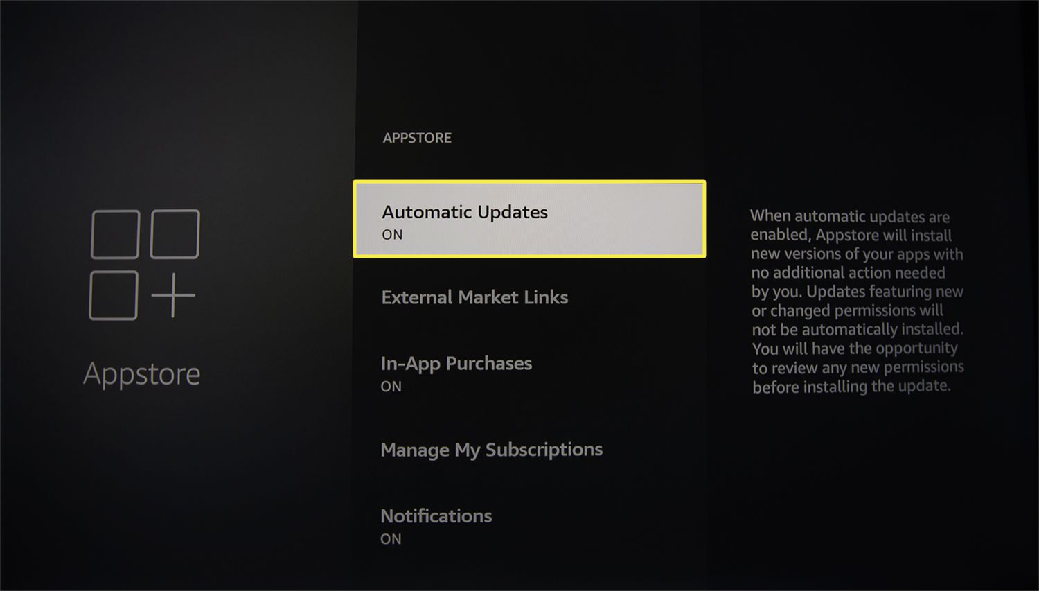 Atualizações automáticas definidas como ON no menu Fire TV Appstore.