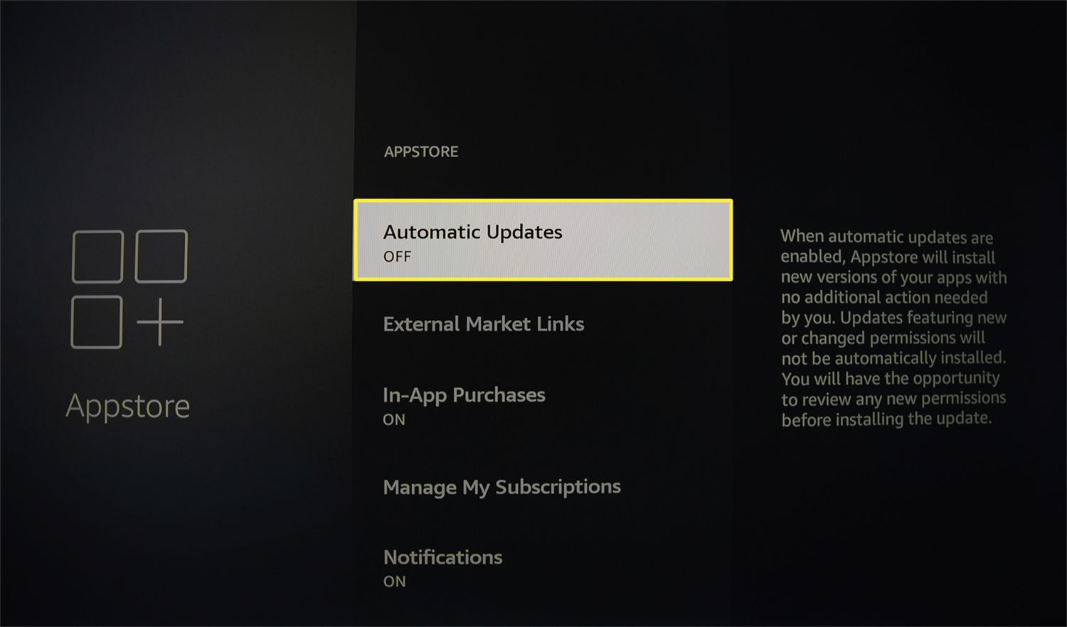 Atualizações automáticas desativadas no menu Fire TV Appstore.