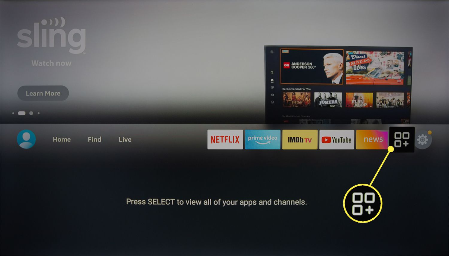 Ícone de aplicativos destacado no menu Fire TV.