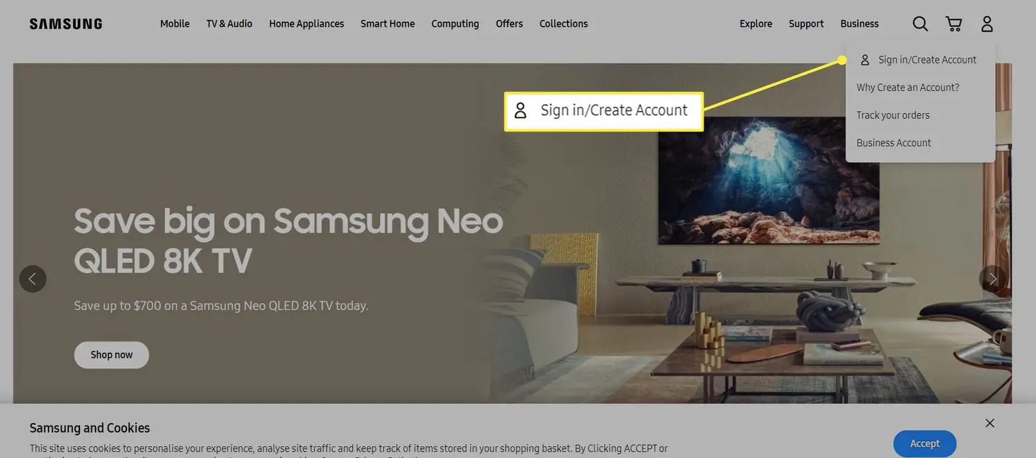 O site da Samsung com a opção 'Entrar/Criar conta' destacada