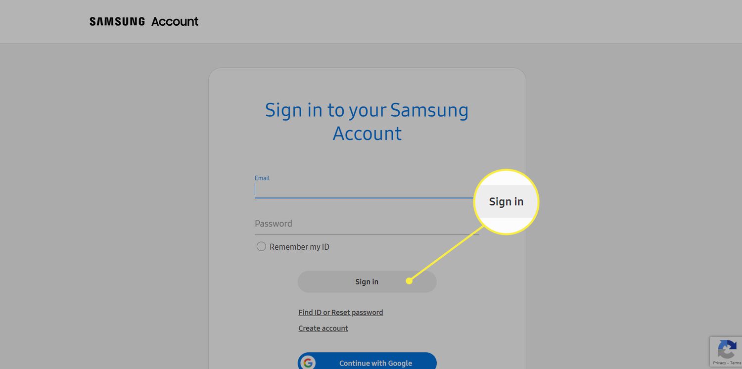 A página de login para uma conta Samsung com o botão 'Entrar' realçado